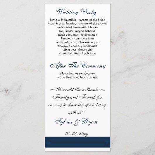 marineblauwe boog Trouwprogramma Programmakaart (Achterkant)