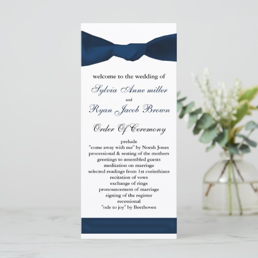 marineblauwe boog Trouwprogramma Programmakaart (Staand voorkant)
