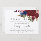 Marineblauwe bordeauxrode bloemboeket trouwfeest kaart (Voorkant)