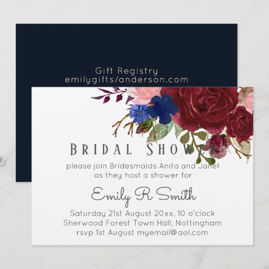 Marineblauwe bordeauxrode bloemboeket trouwfeest kaart (Voorkant / Achterkant)