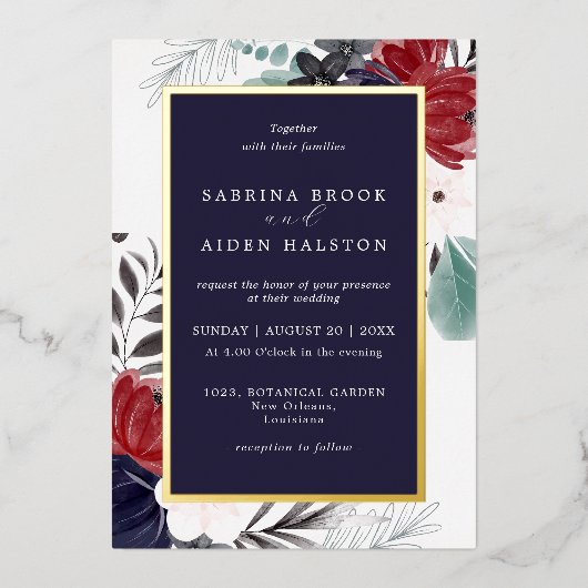 Marineblauwe Bourgondische Gotische Bruiloft Bloem Folie Uitnodiging (Voorkant)
