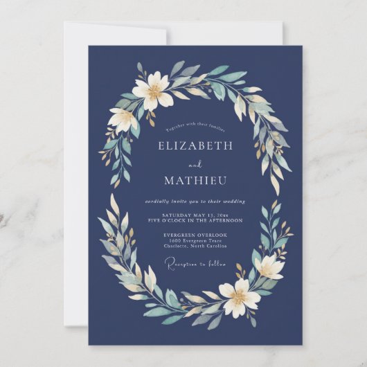 Marineblauwe bruiloft met laurierkrans kaart (Voorkant)