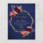 Marineblauwe bruinbloemigen huwelijksuitnodiging briefkaart (Voorkant)