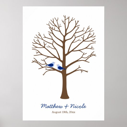 Marineblauwe bruine vogels Vingerafdruk boom Bruil Poster (Voorkant)