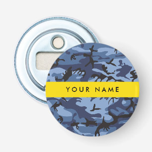 Marineblauwe Camouflage Je naam Personaliseer Button Flesopener