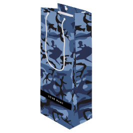 Marineblauwe Camouflage Je naam personaliseren Wijn Cadeautas