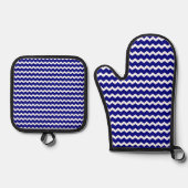 Marineblauwe chevron ovenwant & pannenlap set (Voorkant)