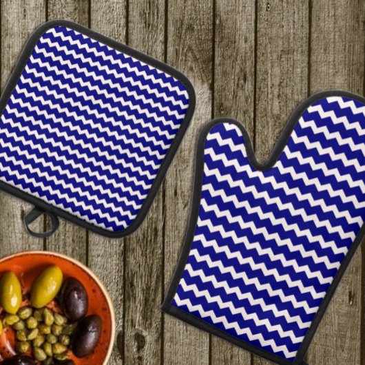 Marineblauwe chevron ovenwant & pannenlap set