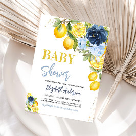 Marineblauwe Citroen Bloemige Baby Shower Uitnodig Kaart