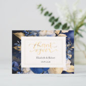 Marineblauwe Crème Bloemen Bedankkaart (Staand voorkant)