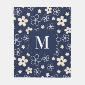 Marineblauwe crème bloemmotief retro fleece deken (Voorkant)
