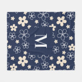 Marineblauwe crème bloemmotief retro fleece deken (Voorkant (Horizontaal))