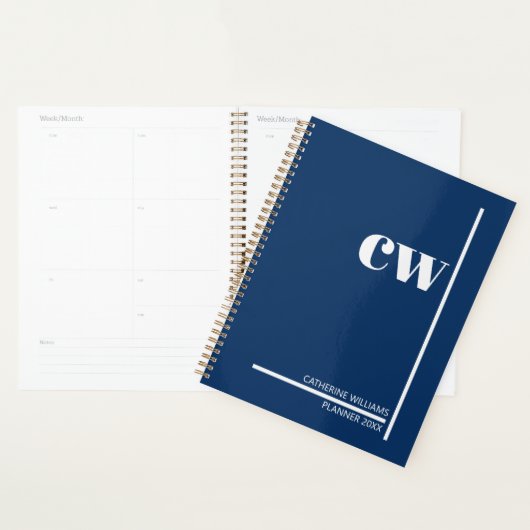 Marineblauwe Crème Monogram Gepersonaliseerd Planner (Display)