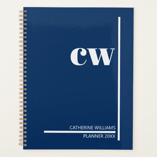 Marineblauwe Crème Monogram Gepersonaliseerd Planner (Voorkant)