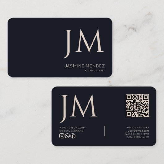 Marineblauwe Crème Monogram QR Code Modern Visitekaartje (Voorkant / Achterkant)
