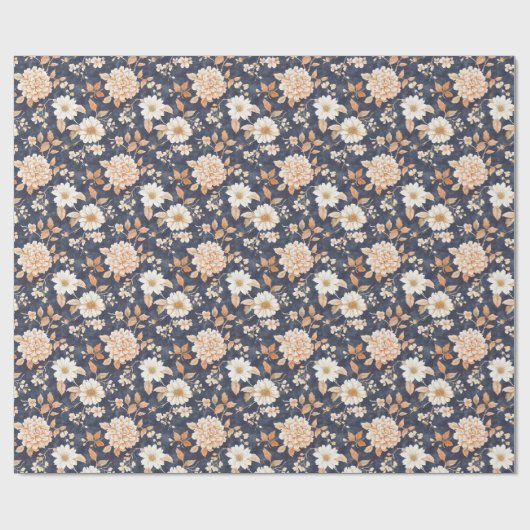 Marineblauwe Crème Perzik Bloem Cadeaupapier (Vlak)