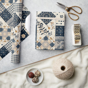 Marineblauwe Crème Quilt Gingham Cottagecore Bloem Cadeaupapier