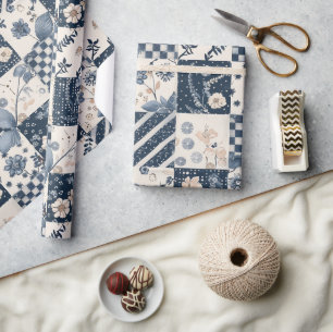Marineblauwe Crème Quilt Gingham Cottagecore Bloem Cadeaupapier