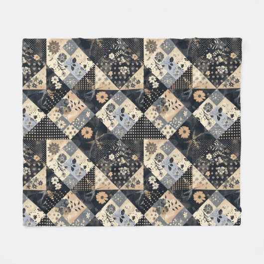 Marineblauwe Crème Quilt Patchwork Gingham Patchwo Fleece Deken (Voorkant (Horizontaal))