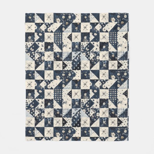 Marineblauwe Crème Quilt Patchwork Gingham Patchwo Fleece Deken (Voorkant)