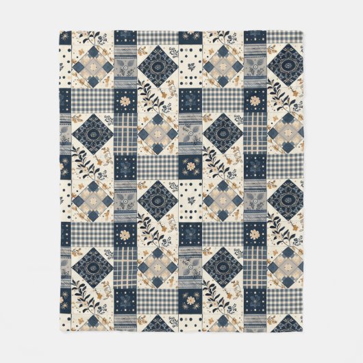 Marineblauwe Crème Quilt Patchwork Gingham Patchwo Fleece Deken (Voorkant)