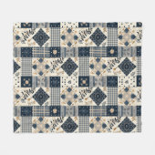 Marineblauwe Crème Quilt Patchwork Gingham Patchwo Fleece Deken (Voorkant (Horizontaal))