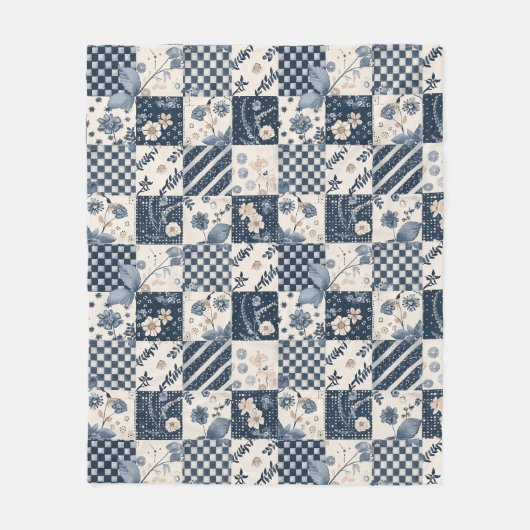 Marineblauwe Crème Quilt Patchwork Gingham Patchwo Fleece Deken (Voorkant)