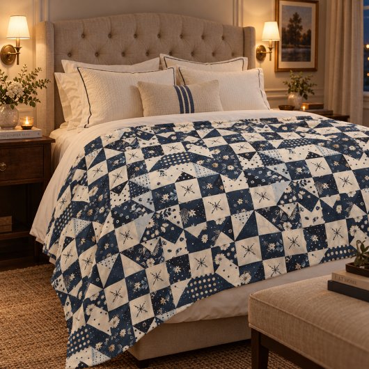 Marineblauwe Crème Quilt Patchwork Gingham Patchwo Fleece Deken