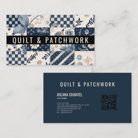 Marineblauwe Crème Quilt Patchwork Handgemaakte Kl Visitekaartje (Voorkant / Achterkant)