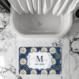 Marineblauwe Daisy Gingham Monogram Decoratie Badmat