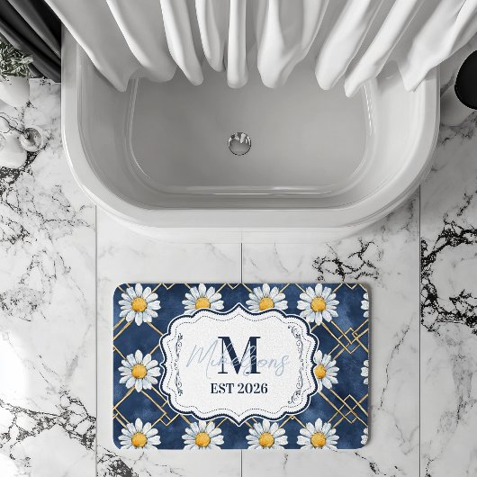 Marineblauwe Daisy Gingham Monogram Decoratie Badmat