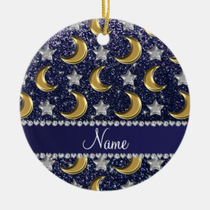 Marineblauwe de naam schittert gouden manen keramisch ornament