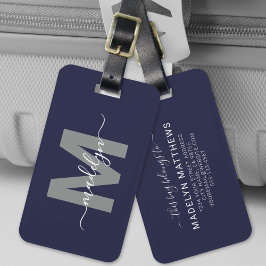 Marineblauwe Elegante Naam Monogram Bagagelabel