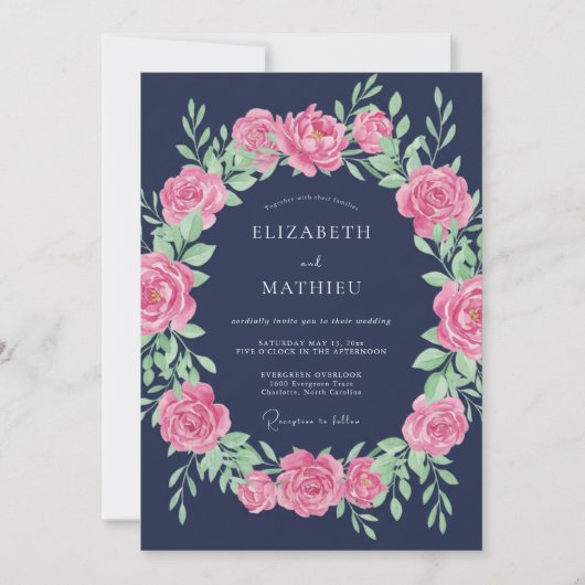 Marineblauwe Elegante Rozen Bruiloft Kaart (Voorkant)