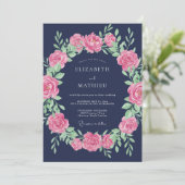Marineblauwe Elegante Rozen Bruiloft Kaart (Staand voorkant)