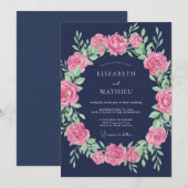Marineblauwe Elegante Rozen Bruiloft Kaart (Voorkant / Achterkant)