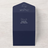 Marineblauwe Elegante Script QR Code Trouwdag All In One Uitnodiging (Buitenkant)
