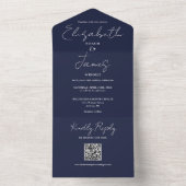Marineblauwe Elegante Script QR Code Trouwdag All In One Uitnodiging (Binnen)