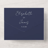 Marineblauwe Elegante Script QR Code Trouwdag All In One Uitnodiging (Achterkant)