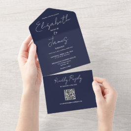 Marineblauwe Elegante Script QR Code Trouwdag All In One Uitnodiging