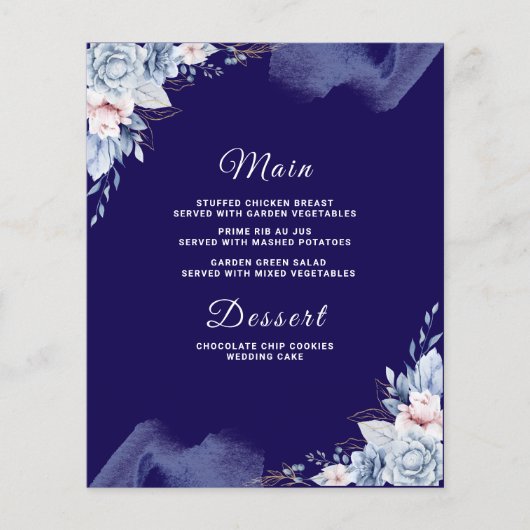 Marineblauwe elegante trouwmenu kaart (Voorkant)