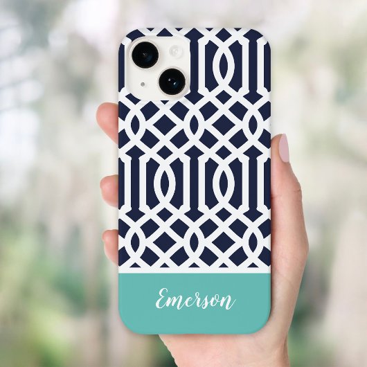 Marineblauwe en aqua tralies monogram Case-Mate iPhone case