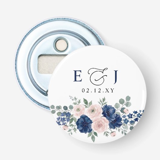 Marineblauwe en Blush Bloemige Moderne Trouwdag Button Flesopener (Voorkant)