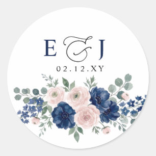 Marineblauwe en Blush Bloemrijke Moderne Trouwdag Ronde Sticker