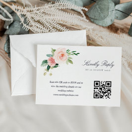 Marineblauwe en blush roze bloemen QR code RSVP ka Kaartje