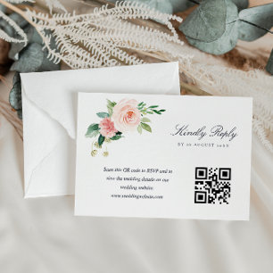 Marineblauwe en blush roze bloemen QR code RSVP ka Kaartje