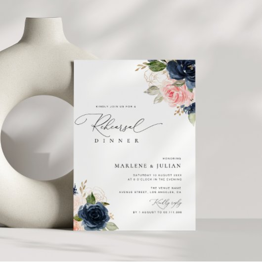 marineblauwe en blushkleurige bloemendiner de avon kaart