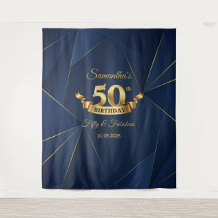 Marineblauwe en gouden 50e verjaardag achtergrond wandkleed