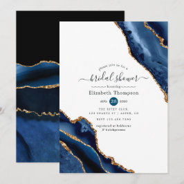 Marineblauwe en gouden agaat bruidsuitnodiging kaart