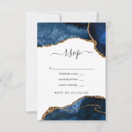 Marineblauwe en gouden agaat bruiloft RSVP kaartje